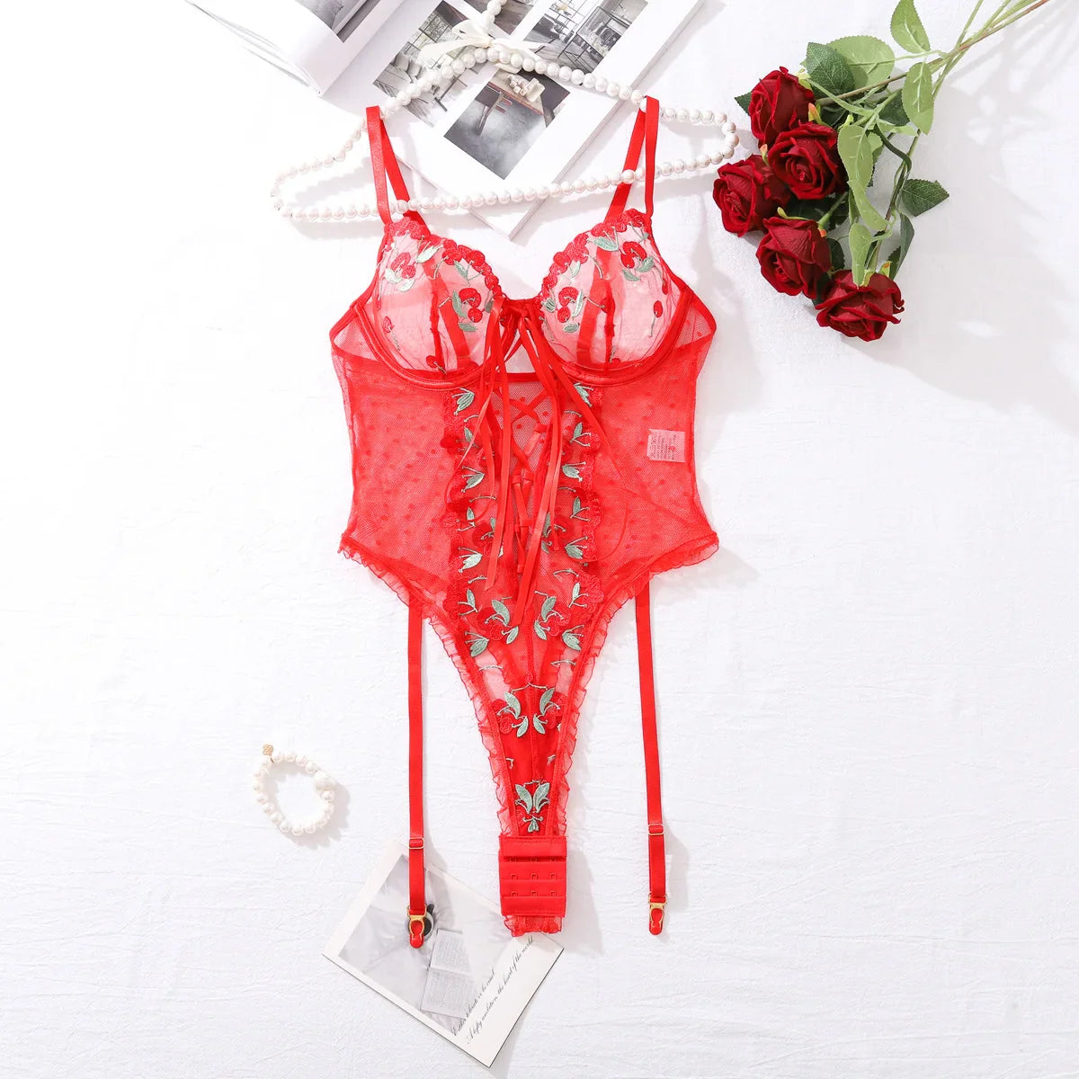 Bloom Embroidered Lace-Up Bodysuit